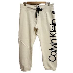 Calvin Klein Vertical Logo Sweatpants, Ivory With Black, Large, Logo Patch, EUC